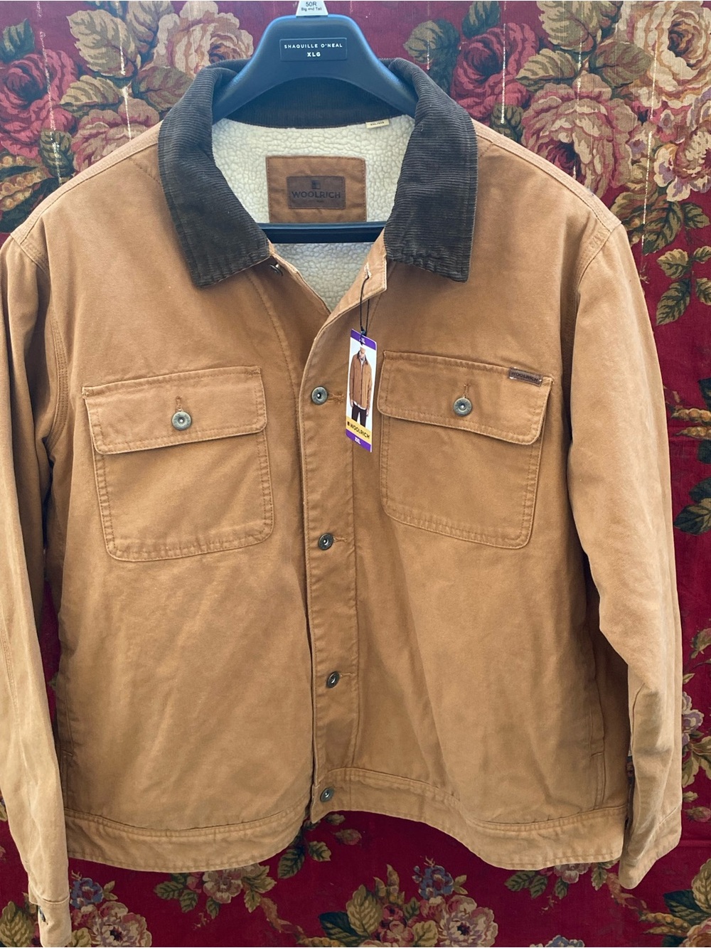Woolrich Tan Canvas Sherpa-Lined Field Jacket with Dark Brown Cord Collar